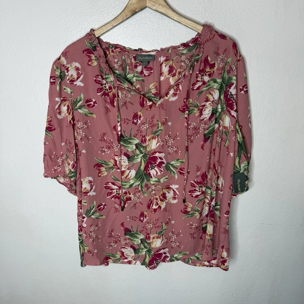 New Style And‎ Co Pink Ruffle Puff Sleeve V-neck Spring Top Blouse Womens 3X